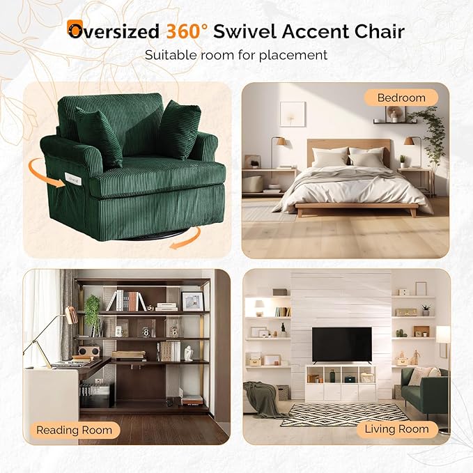 VINGL 39.2 Wide 360° Swivel Accent Armchairs with Pillows Set of 2 Oversized Single Sofas Chair and a Half with Side Pockets and Wide armrest for Living Room Bedroom Reading Room Corduroy Green