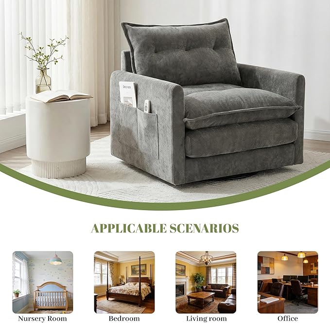 Square Swivel Chair360°Rotation Armchair for ReadingPlush Chenille Upholstered Accent Club Chair with ArmsModern Single Cloud Sofa Chair for Living Room Bedroom (1 Grey)