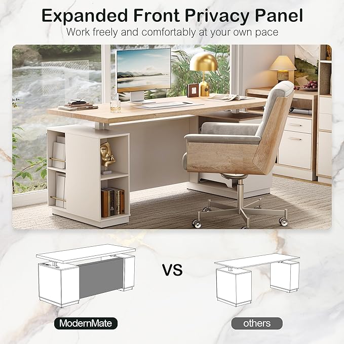 71 Standing Executive Desk with Privacy Panel Large One-Piece Electric Height Adjustable Stand Up Desk with Charging Station File Cabinet Storage Home and Office Light Walnut