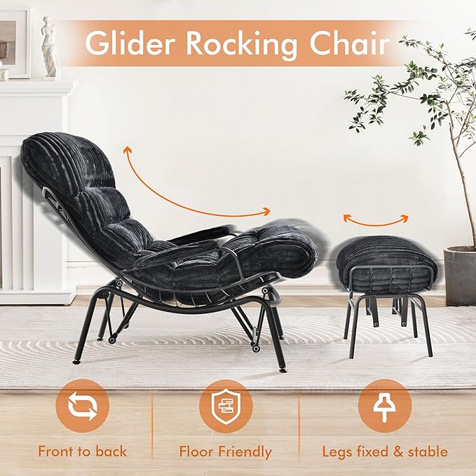 HOOOWOOO MCM Living Room Rocking Accent Chair with Ottoman SetOffice Lazy Lounge Glider Chair and Ottoman SetComfy Chair for Living Room Bedroom Office(Fur Corduroy Black)