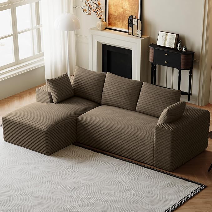 107 Boneless Couches for Living Room Comfy L Shaped Sectional Couches Modern Deep Seat Modular Sofa Cloud Fluffy Corduroy Couch with Left Facing Chaise No Assembly Needed Light Brown