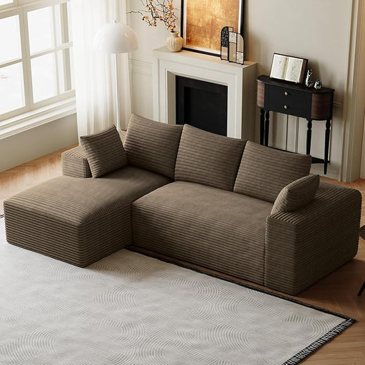 107 Boneless Couches for Living Room Comfy L Shaped Sectional Couches Modern Deep Seat Modular Sofa Cloud Fluffy Corduroy Couch with Left Facing Chaise No Assembly Needed Light Brown