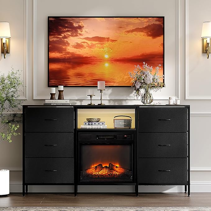 VINGLI Fireplace TV Stand Dresser with Fabric Drawer Entertainment Center with LED Lights and Industrial TV Console Table with Open Storage Shelves for Living Room Bedroom Black