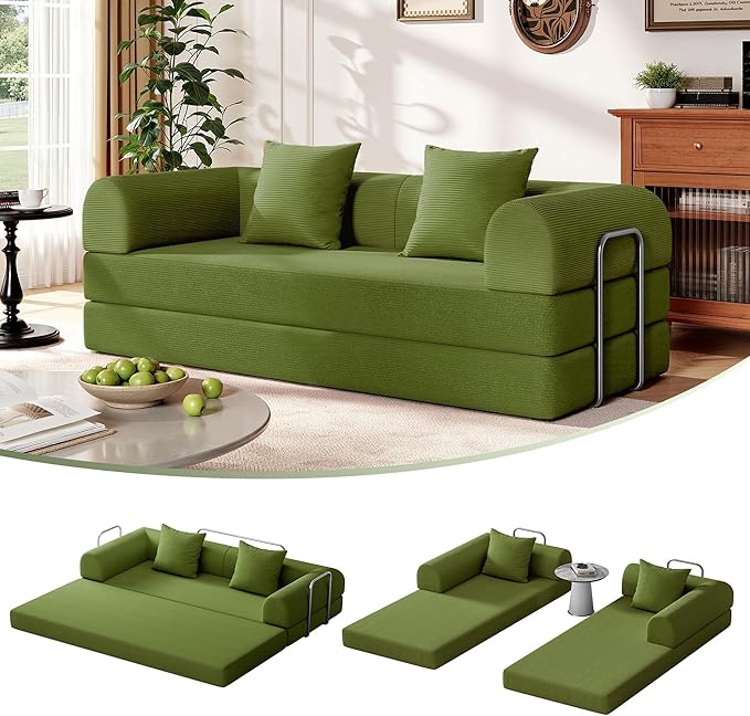 79 Folding Convertible Sofa Bed Boneless Couch for Living Room with Pull Out Bed ‌Convertible Sleeper Sofa Bed with Pillows - Corduroy Upholstered Modular Futon Couch for Bedroom Lounge (Green)