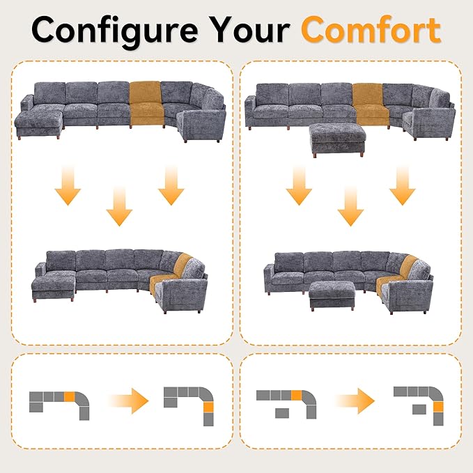 159 Inch Oversized Modular Sectional Sofa with Curved Corner Convertible U/L-Shaped Cloud Couch with Moveable SeatStorage OttomanCupholders Living Room Chenille Fabric Sofa | Breathable material