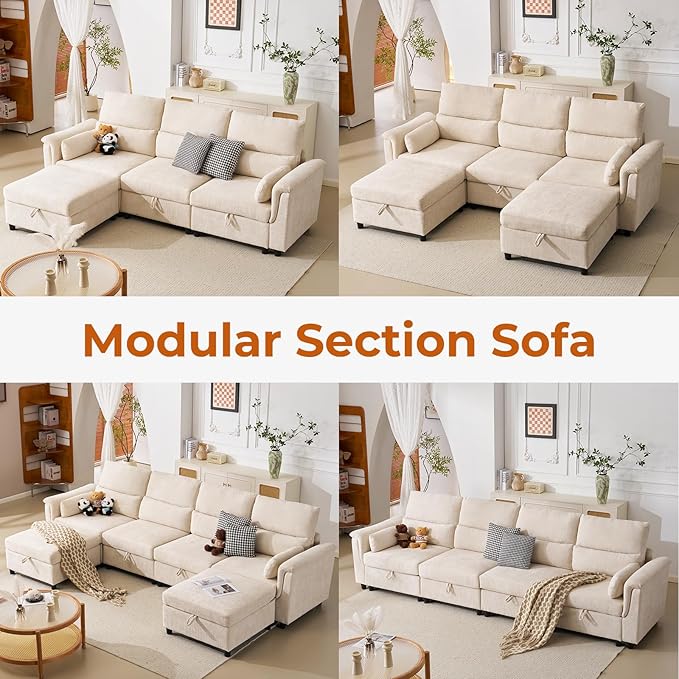 132'' Modular Sectional Sofa U Shaped Cloud Couch with Large Storage Deep Seat Sofa with Chaise 6 Seat Convertible Couches for Living Room Beige