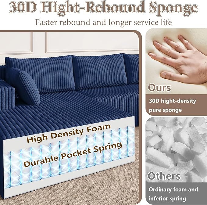 123 Cloud Modular Sectional Couch U-Shaped with Two Chaise Corduroy Boneless Couch for Living Room Bedroom Deep-Seat Upholstered Modular Cloud Sofa No Assembly Required Navy Blue