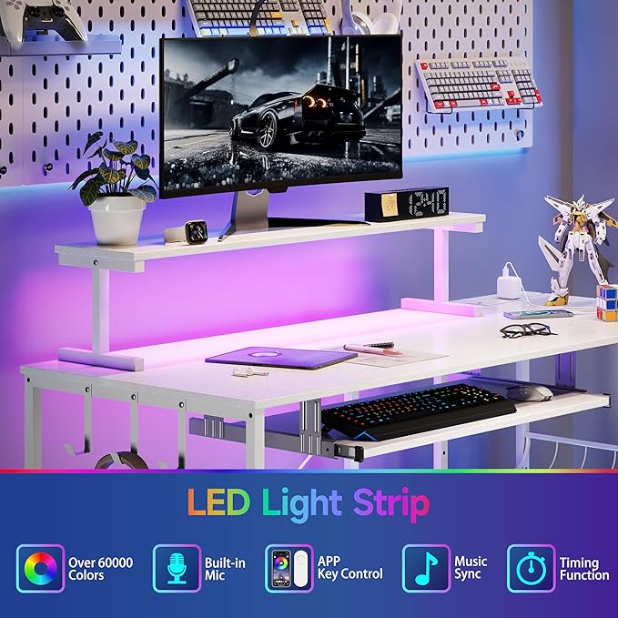 L Shaped Gaming Desk with Power Outlets &amp RGB Lights 46'' L- Shaped Desk Computer Corner Desk with Monitor Stand &amp Storage Shelf &amp Hook Home Office Desk Writing Desk White