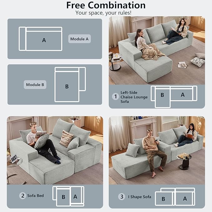 107.5 Cloud Sectional Couch with L-Shape Chaise Corduroy Boneless Couch for Living Room Modern Memory Foam Sofa with Deep SeatNo Assembly Required(GrayLeft Facing Chaise)