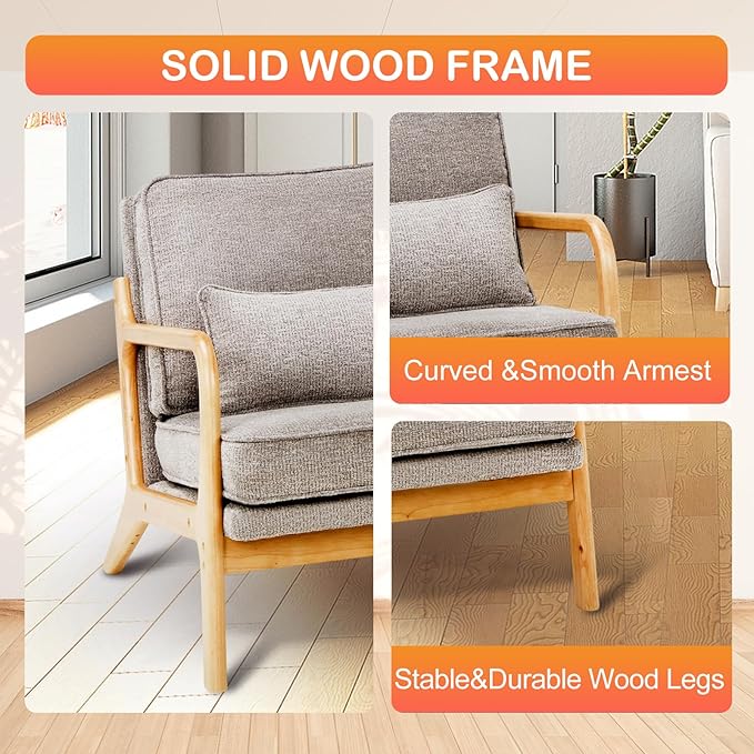 Mid-Century Accent Chair with Solid Wood Frame Reading Relaxing Armchair Lumbar Pillow&ampSoft Cushion Leisure Chair for Living Room Bedroom Waiting Room-Grey