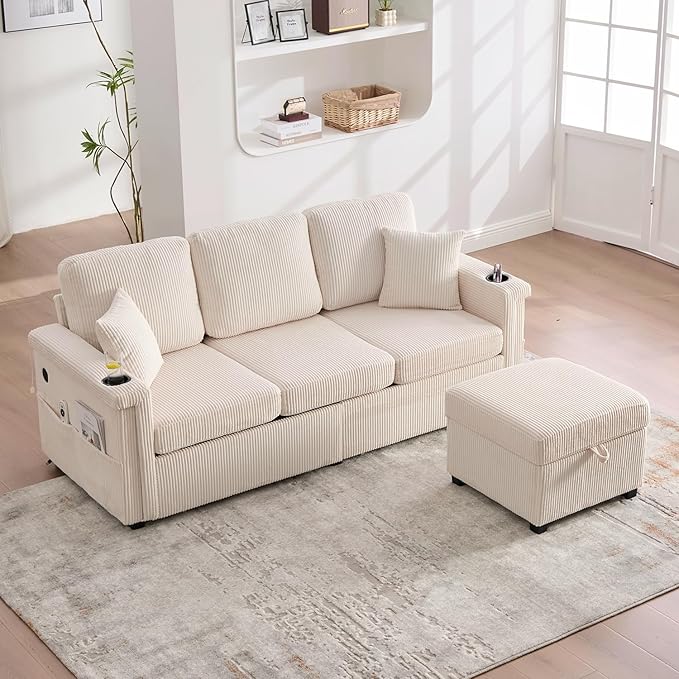 76'' Sectional Sofa Couches for Living Room 3 Seat L-Shaped Couch with Storage &amp Ottoman Corduroy Convertible Sofas with Chaise Apartment with USB Charging Cup Holder (Beige)