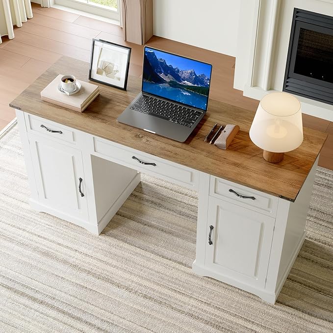 IDEALHOUSE 60 Farmhouse Executive Desk with Drawers Wood Home Office Desk with Storage Cabinet Rustic Computer Writing Desks for Home Study Work Antique White