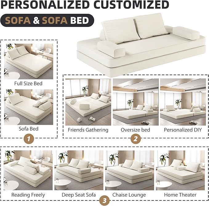 86.6 Convertible Sofa Bed with Chaise Lounge - Fluffy Chenille Fabric 2 Tumbler Backrests &amp Pillows Multi-Functional DIY Modern Upholstered Deep Seat Couch for Living Room &amp Office (Beige)