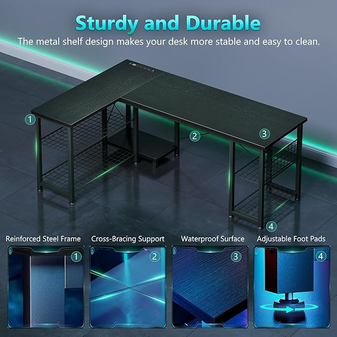 Casaottima 51 Inch L Shaped Gaming Desk with Shelves &amp Power Outlets Reversible Computer Desk with Storage Shelves for Home Office Black
