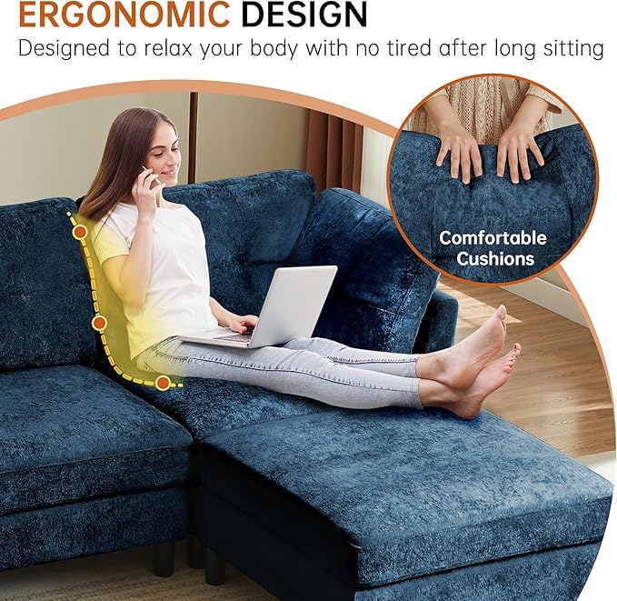 99 Sectional Couch for Living Room Oversized 3-Seater L Shape Sofa with Deap Wide Seat Movable Ottoman Polyester Fabric Blue