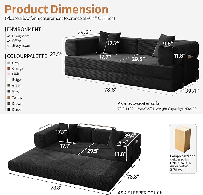 78.8 Convertible Sofa Bed with Armrest Pillow 4-in-1 Sleeper Couch Bed for Livingroom Modular Corduroy Boneless couches No Assembly (Black)