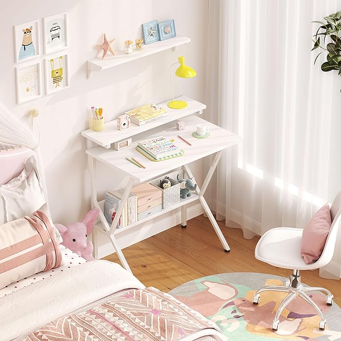 COTUBLR Small Desk 27.5 Inch Small Computer Desk for Small Spaces Computer Desk with Adjustable Monitor Stand Compact Desk with Storage Tiny Desk Study Desk for Bedroom Home Office White