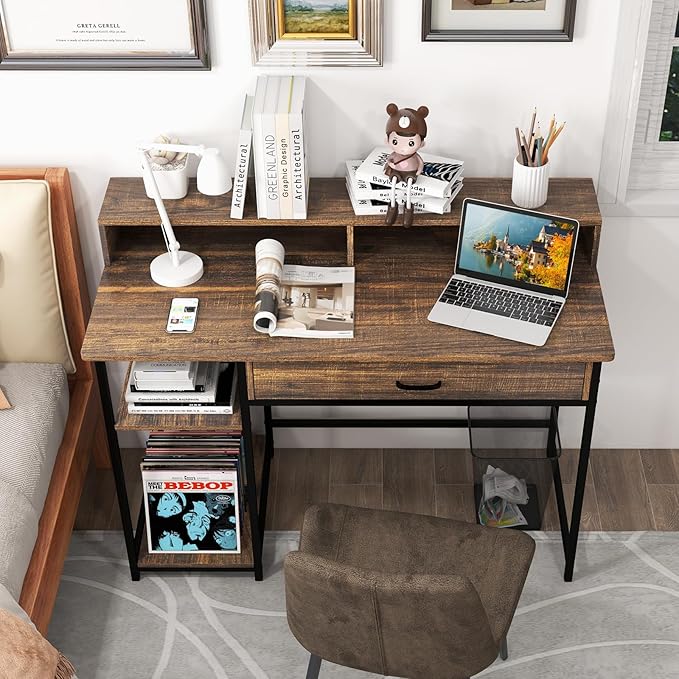 Tangkula Computer Desk with Storage Drawer &amp Monitor Stand 48” Home Office Writing Desk with 2 Open Shelves &amp Compartments Computer Workstation Writing Study Desk with Metal Frame (Rustic Br