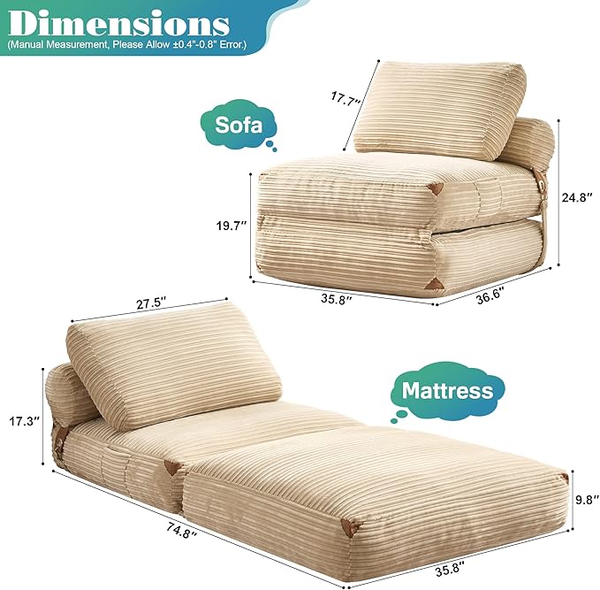Folding Sofa Bed Convertible Sleeper Chair with Pillow Back Support Foldable Corduroy Futon Floor Couch Comfy Fold Out Chair Bed for Living Room Bedroom Dorm Beige