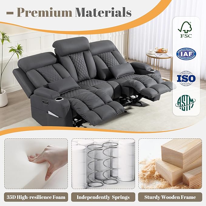 Zero Wall Hugger Power Reclining Sofa with Adjustable Headrest Electric Reclining Couch with Drop-Down TableOutlets Power Loveseat Recliner Sofa for Living Room (Gray 3 Seat)