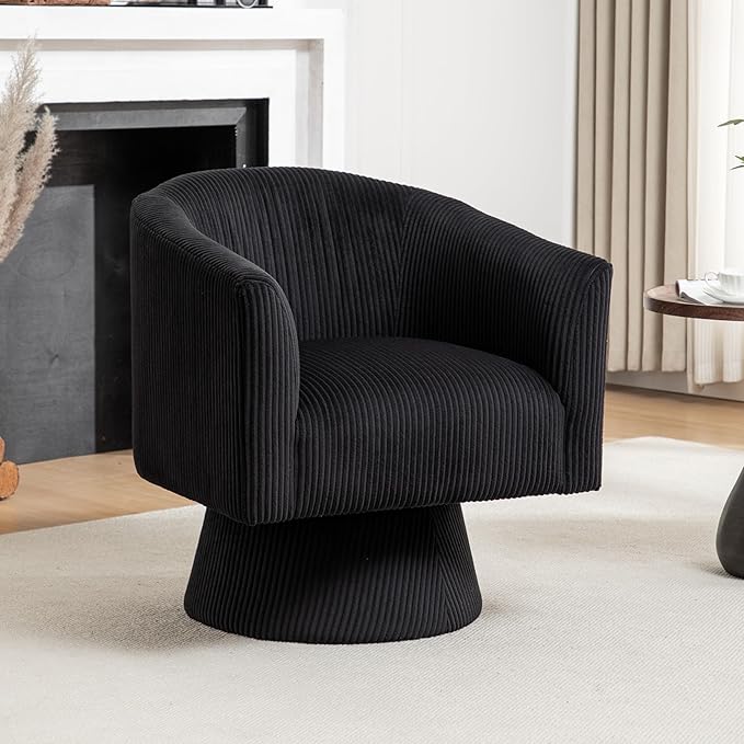 Swivel Accent Chair Modern 360° Barrel Chair Corduroy Upholstered Single Sofa for Living Room Bedroom(Black)