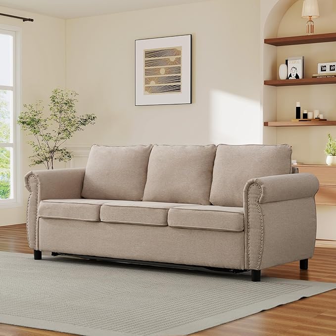 Queen Pull Out Sofa Bed 2-In-1 Pull Out Couch Bed with Memory Foam Mattress &amp Riveted Rolled Armrests 3 Seater Convertible Sleeper Sofa Foldable Couch for Living Room Bedroom Apartment(Beige)