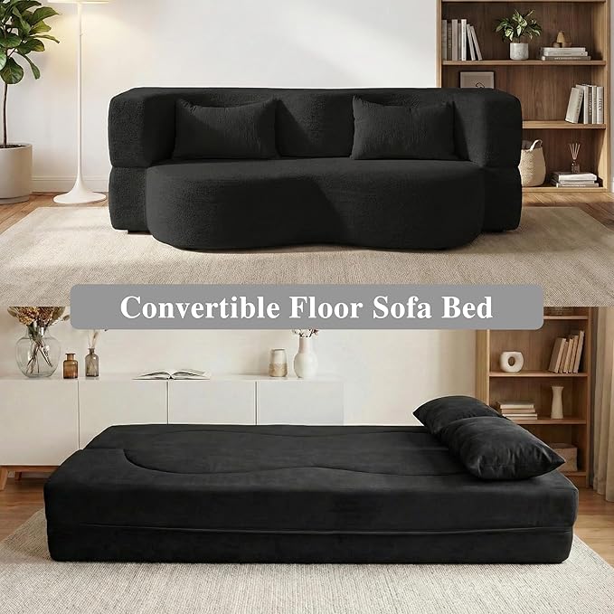 Modern Convertible Sleeper Sofa BedCompact Couch Loveseat Sofa Curved Seating Floor Couch Comfy Teddy Fabric SofaSoft Cloud Couch with Pillows for Apartment Living Room Bedroom (Black)