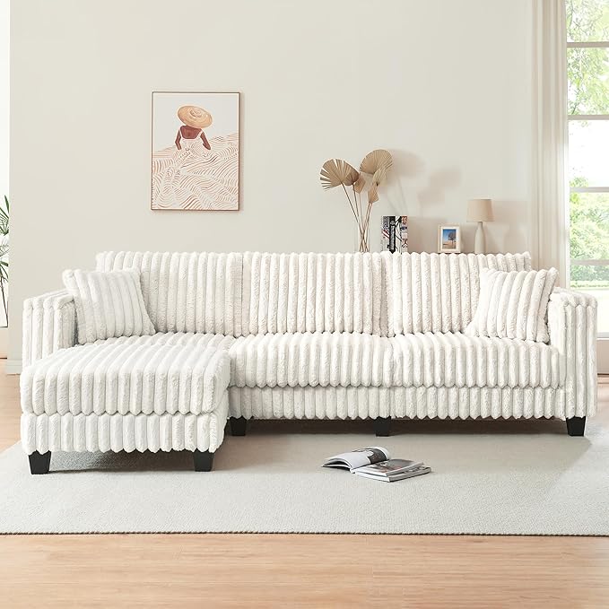 AVZEAR L Shaped Faux Rabbit Fur Fabric Sectional Couch Modern Cloud Modular Sofa with Movable Ottoman and 2 Pillows Small Sectional Convertible Couch for Living Room Bedroom and Apartment White