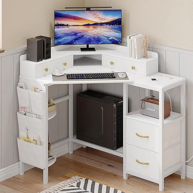 Corner Desk with 6 Drawers Shelves for Small Space Computer Desk with Power OutletsGaming Desk with Printer Monitor Stand Storage for Home Office Workstation Writing Table (White 31.5)