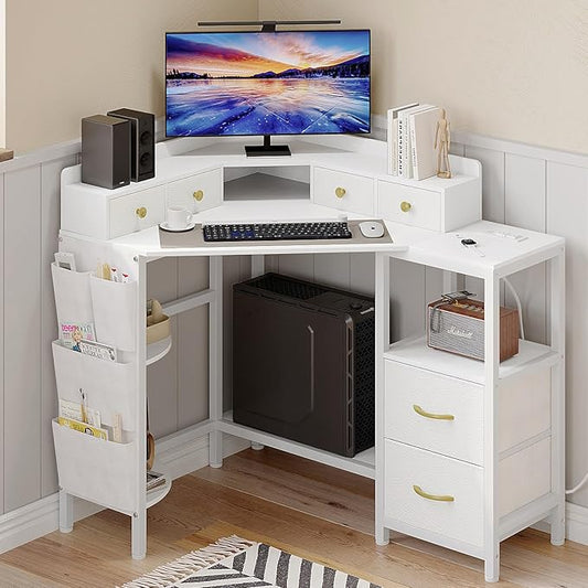 Corner Desk with 6 Drawers Shelves for Small Space Computer Desk with Power OutletsGaming Desk with Printer Monitor Stand Storage for Home Office Workstation Writing Table (White 31.5)
