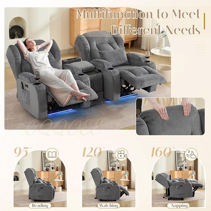 Wall Hugger Power Recliner Chair with Massage &amp Heat Electric Home Theater Reclining Chair with Cup Holder USB Port LED Light Linen Living Room Chair (Grey Single)