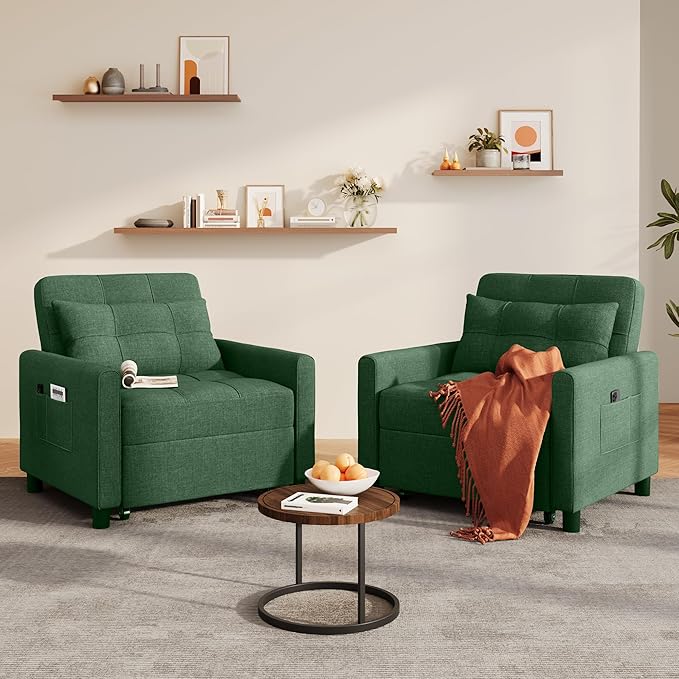 Ahomly Convertible Sleeper Chair Sofa Bed with 3-in-1 Design Adjustable Backrest and Storage Pocket for Living Room Green