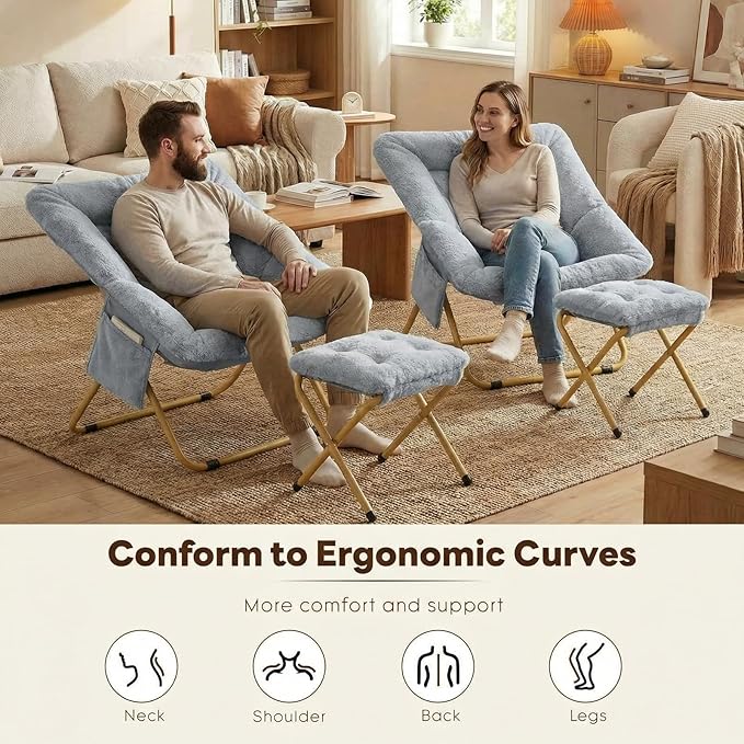 Folding Saucer Chair Comfy Reading Chair with Ottoman Plush Faux Fur Lounge Chair for Small Space Bedroom Dorm Living Room X-Large Lazy Chair for Adults Teens Kids