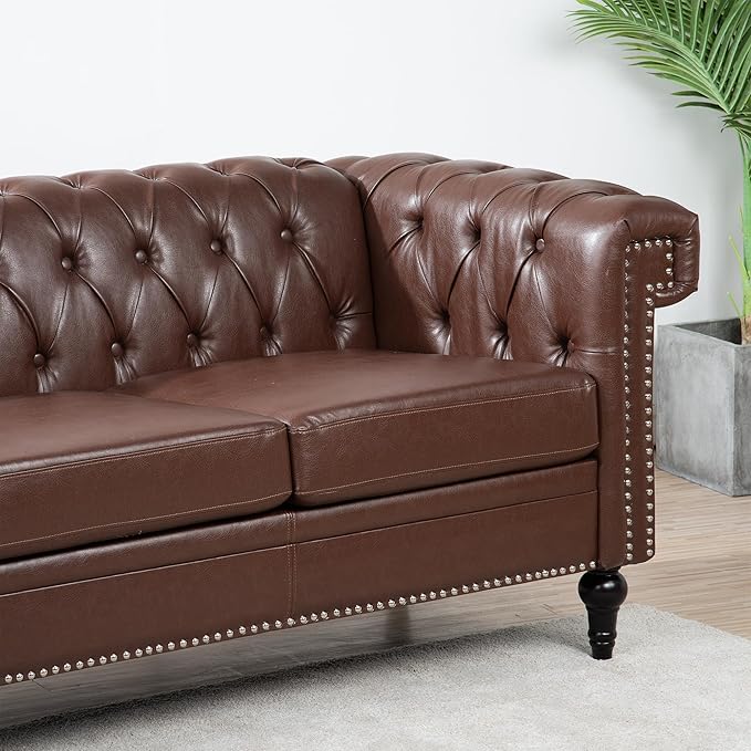83.66''Chesterfield Sofa Mid Century Modern Tufted Sofas with Rolled Arms and Nailhead 3-Seat Upholstered Leather Sofa Couch with Solid Wood Legs for Living Room Office Dark Brown PU
