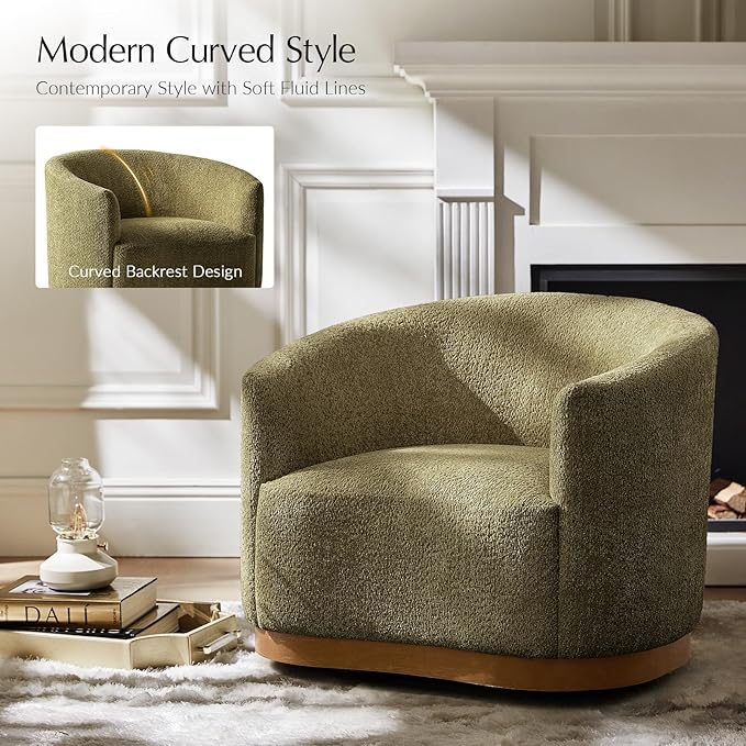 HULALA HOME Chenille Swivel Accent Chair Fully Assembled Comfy Upholstery Barrel Armchair with Sturdy Solid Wood Base Moss