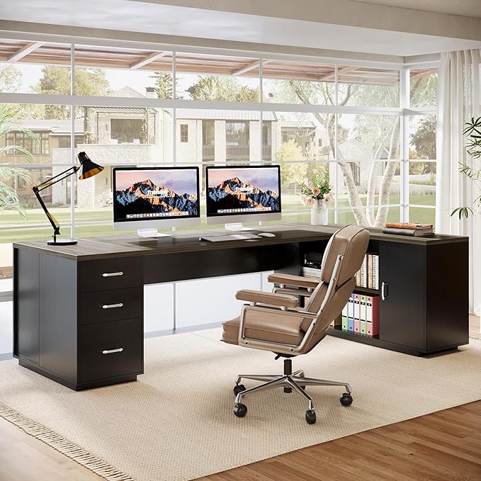 Tribesigns 85.8-Inch L-Shaped Executive Desk with File Drawers Door Cabinet &amp Shelves Extra Large Commercial Office Desk Modern Professional Office Table Business Furniture Grey &amp Black