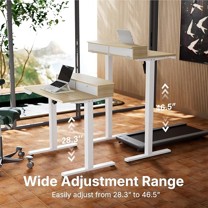 HUANUO 32 x 21 inch Small Electric Standing Desk with 2 Drawers C-Clamp Mount Compatible Height Adjustable Sit Stand Desk Home Office Stand Up Desk with 4 Memory Height Settings Light Walnut