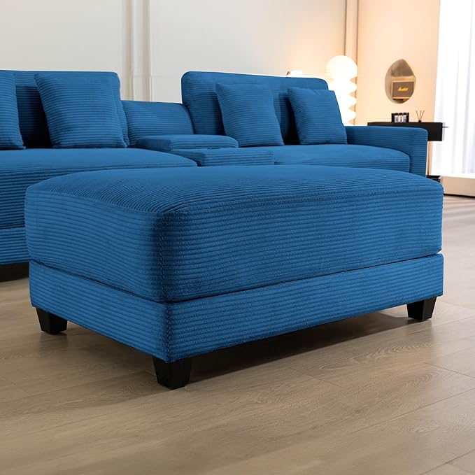 Corduroy Ottoman for Sectional Sofa Modular Footrest with Wooden Legs 43.7 x 29.1 x 18.5 Inches Convertible Furniture for Living RoomBlue