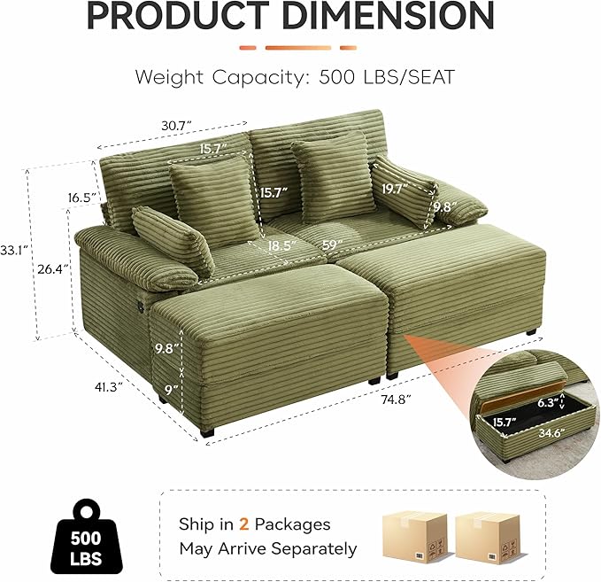 75 Corduroy Loveseat with Storage Ottoman &amp USB Cloud Deep Seat Couch with Convertible Ottoman Coffee Table Double Chaise Lounge for Living Room Green