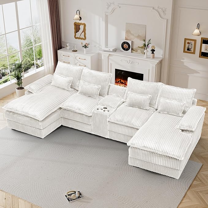 124 Cloud Couch Sectional U Shaped White Sectional Couches for Living Room Plush Soft Comfy Fluffy Corduroy Couch Sectionals Modular Sectional Sofa with Chaise &amp Central Console