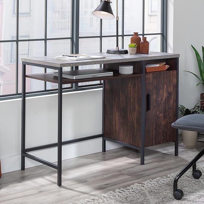 Sauder Market Commons Single Pedestal Desk Rich Walnut Finish