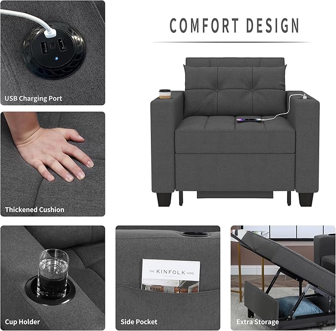 DURASPACE 36.6 Inch Sleeper Chair 3-in-1 Convertible Chair Bed Pull Out Sleeper Beds Adjustable Single Armchair Sofa with USB Ports Side Pocket Cup Holder (Dark Gray Linen)
