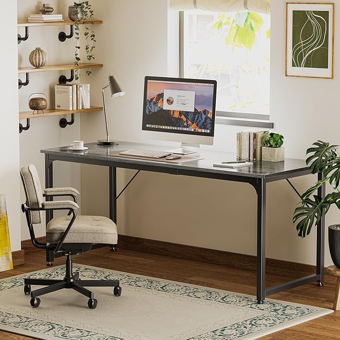 Huuger Computer Desk 70 Inch Office Desk Gaming Desk with Storage Writing Desk Work Desk for Home Office Study Long Simple Desk Large Legroom Metal Frame Grey