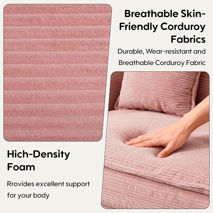 Modern 84 Corduroy Loveseat Sofa Ultra-Comfy Couch with 2 Pillows for Apartment Living Room Bedroom Home Office (Pink)