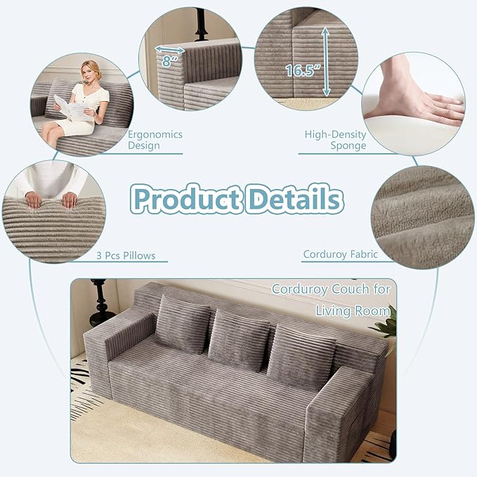 71Cloud Loveseat SofaModern 2-Seater Boneless Couch with 3 Pillows &amp Side PocketSoft Corduroy Love seatCompressed FoamDeep SeatNo Assembly for Living RoomBedroomApartment(Flat HandrailCam