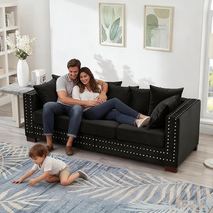 84.5 Wide 3-Seater Velvet Sofa with Storage Mid Century Modern Chesterfield Couch Upholstered Love Seat with Deep Seat &amp Retro Trim Black Velvet Couch for Living Room Office Apartment (Black)