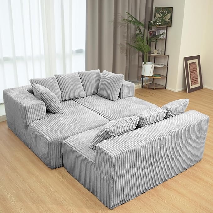 130 Modular Cloud Sectional Sofa with Chaise Deep Seat Plush Boneless Couch with Memory Foam Comfy Fluffy Couch U-Shaped Sectional Couches for Living Room No Assembly Required Grey