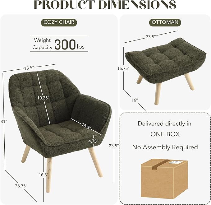 Small Accent Chair with Ottoman Sherpa Upholstered Lounge Chair with Footrest Comfy Reading Armchair with Wood Legs for Living Room Bedroom Green