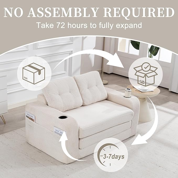 54 Convertible Sofa Bed 2-in-1 Boneless Folding Couch Bed with Cup Holder &amp Pocket Corduroy Fold Out Floor Couch with Pillows for Living Room Bedroom Small Spaces (Beige)