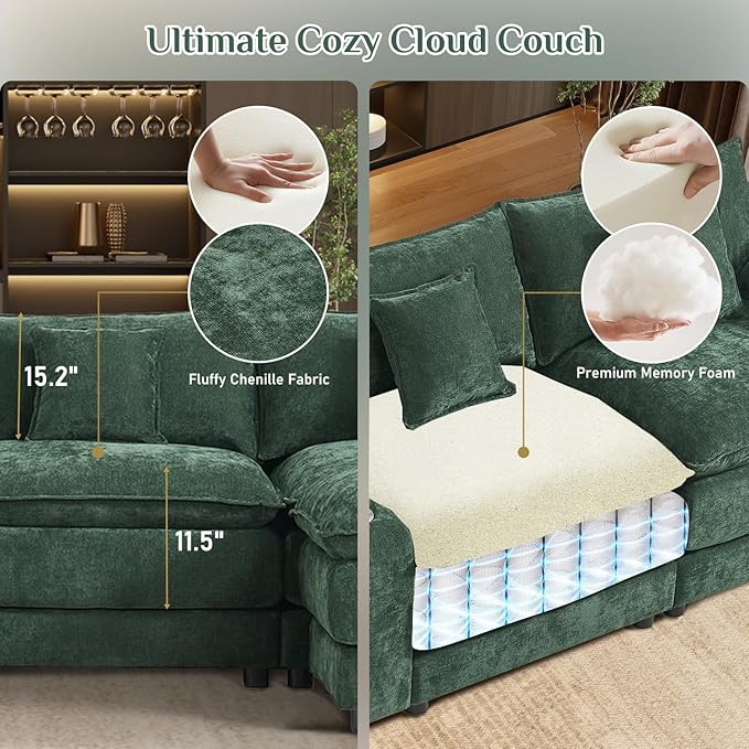 163 Oversized Modular Sectional Sofa U Shaped Cloud Couch Modern 6 Seat Sofa Set for Living Room Comfy Chenille Deep Seat with Storage Central Console Movable Ottomans Cup Holders USB Ports Green
